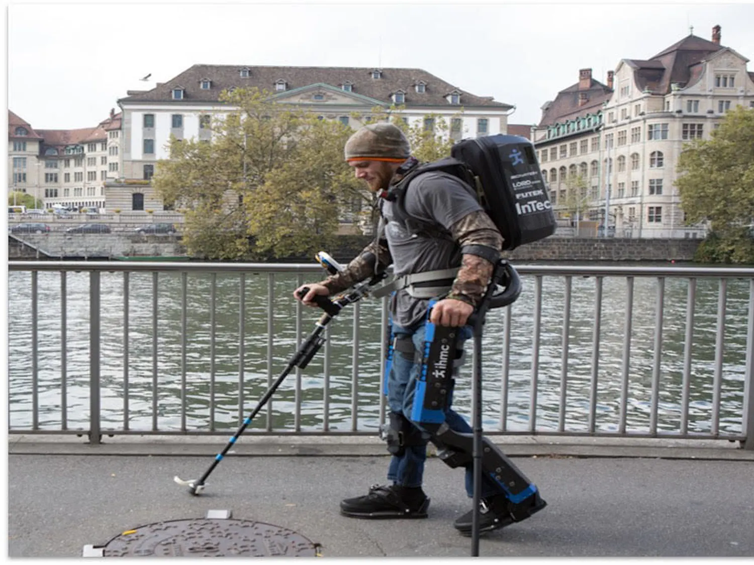 Mark Daniel, a complete paraplegic, uses the Quix prototype on the cobblestone streets of Zurich, Switzerland. Daniel is the official tester for the exoskeletons developed by Myolyn and the Institute for Human and Machine Cognition. Courtesy to The Alligator.