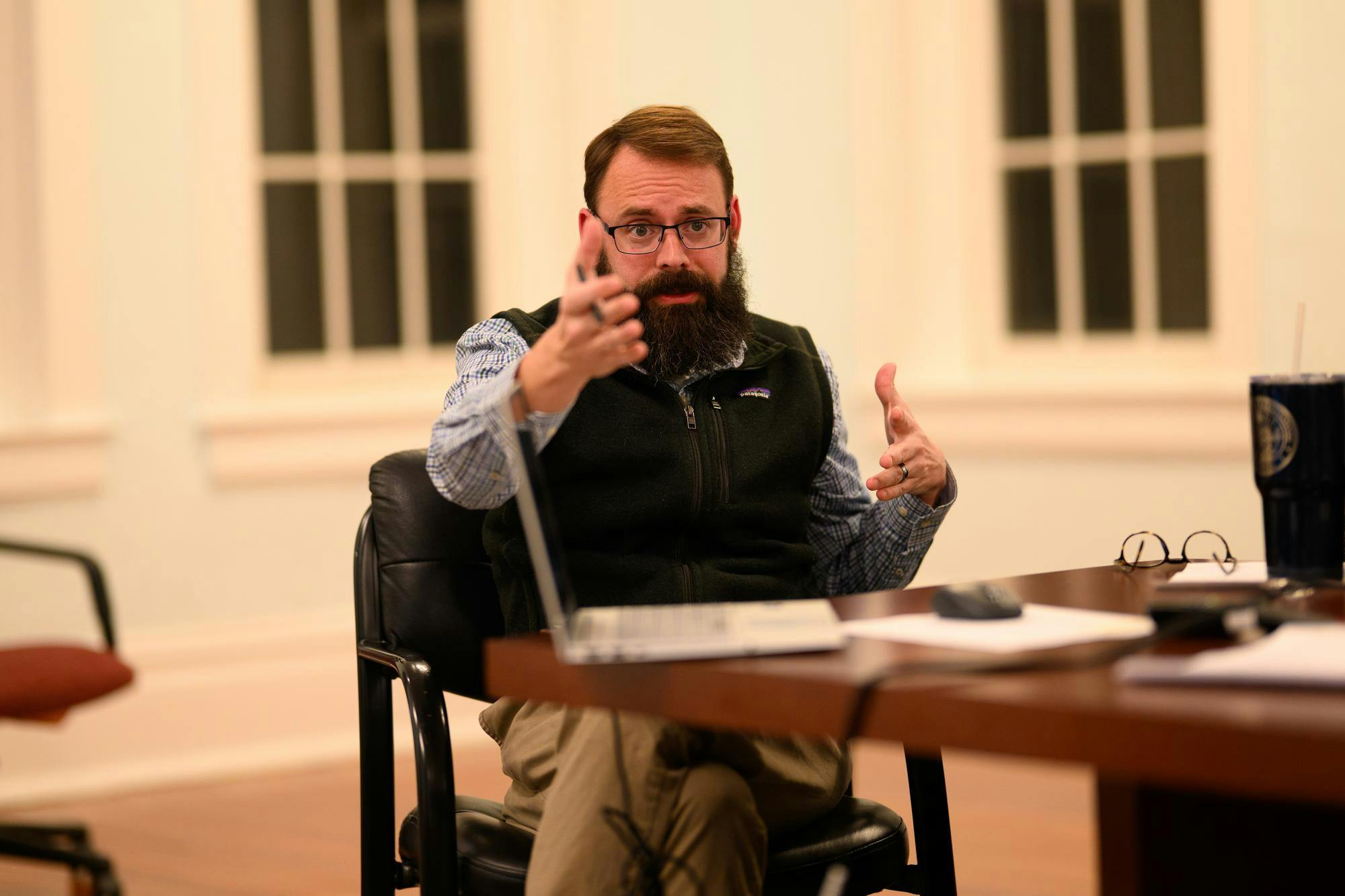 Board Chair Derek Danne speaks during a Newberry Charter School board meeting, Monday, Feb. 23, 2026, at The Little Red Schoolhouse in Newberry, Fla.