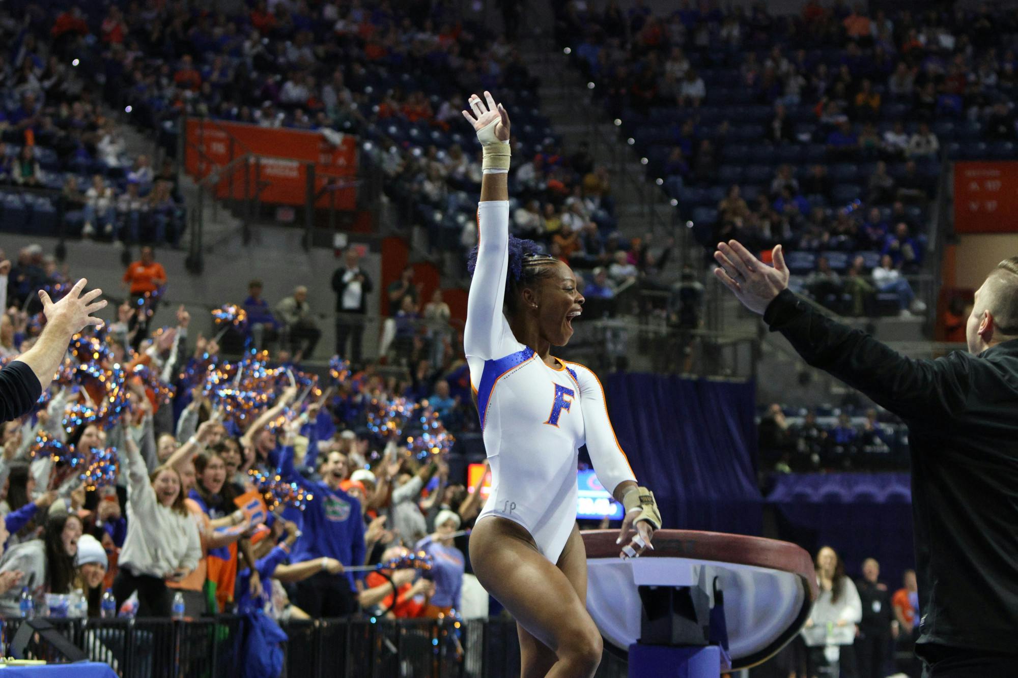 Florida gymnast Trinity Thomas celebrates after her vault routine against the Georgia Bulldogs Friday, Jan. 27, 2023. She earned a 10 on the event to finish her fourth career gym slam.