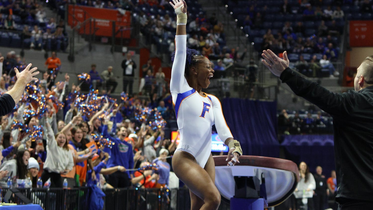 Florida gymnast Trinity Thomas celebrates after her vault routine against the Georgia Bulldogs Friday, Jan. 27, 2023. She earned a 10 on the event to finish her fourth career gym slam.