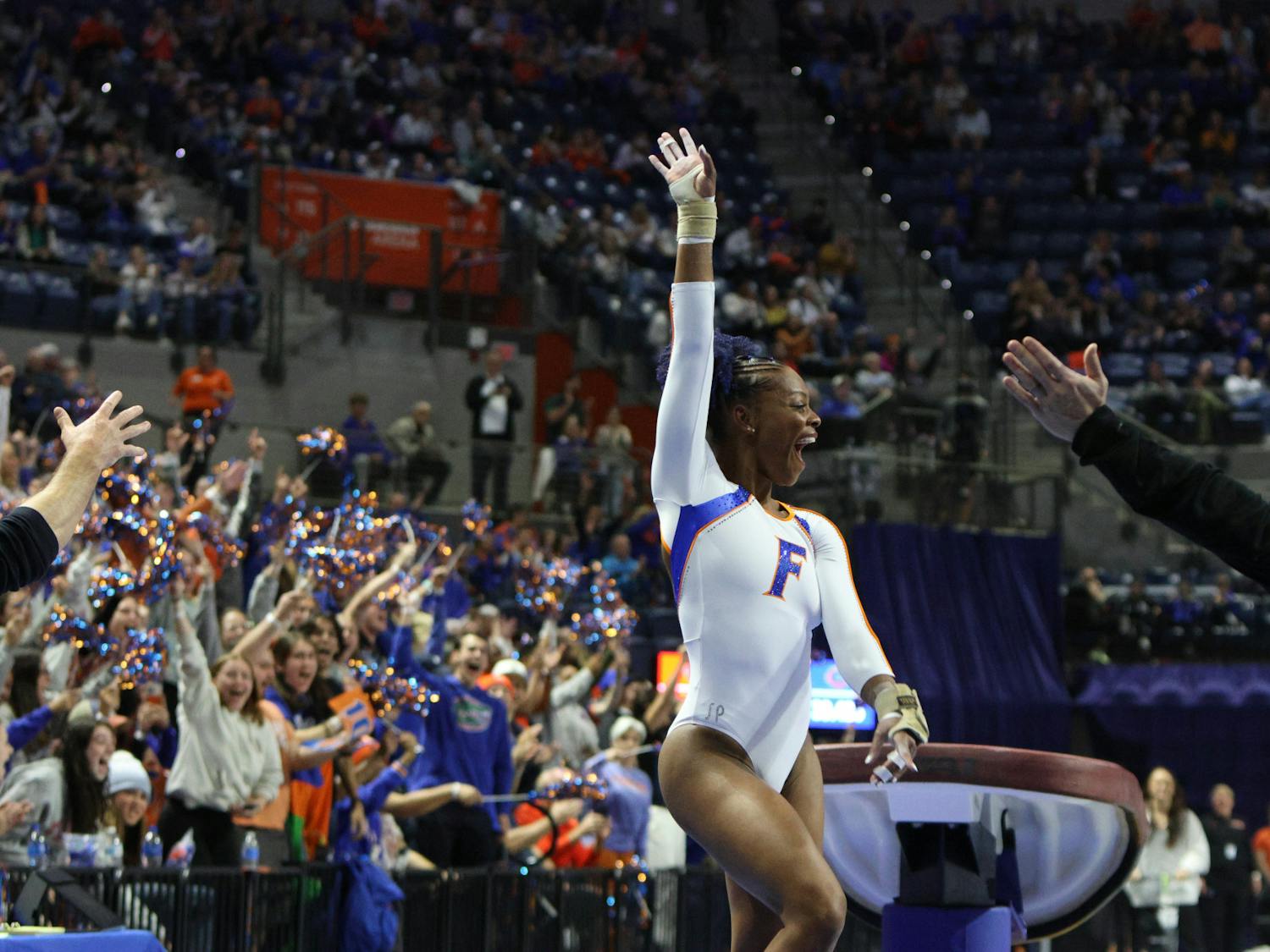 Florida gymnast Trinity Thomas celebrates after her vault routine against the Georgia Bulldogs Friday, Jan. 27, 2023. She earned a 10 on the event to finish her fourth career gym slam.