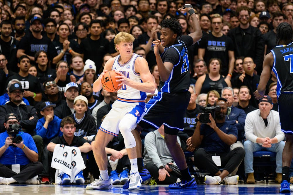 <p>Florida forward Thomas Haugh (10) was the only Gator with multiple field goals made in the first half against the No. 4 Duke Blue Devils at Cameron Indoor Stadium.</p>