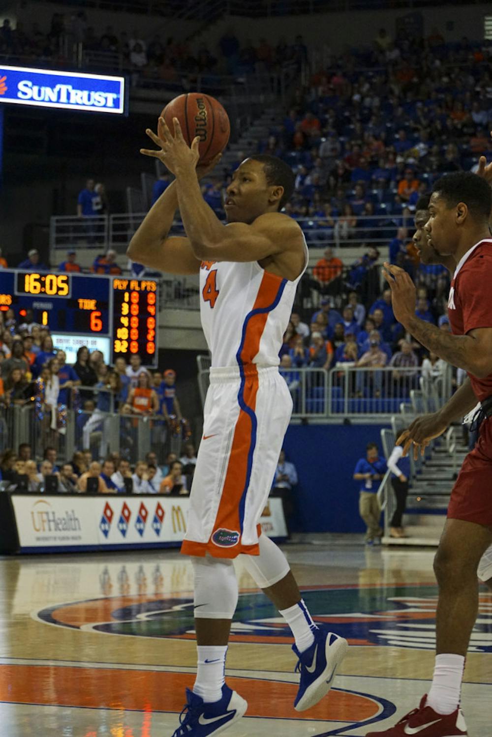 <p>UF guard KeVaughn Allen takes a shot during Florida's 61-55 loss to Alabama on Feb. 13, 2016, in the O'Connell Center.</p>