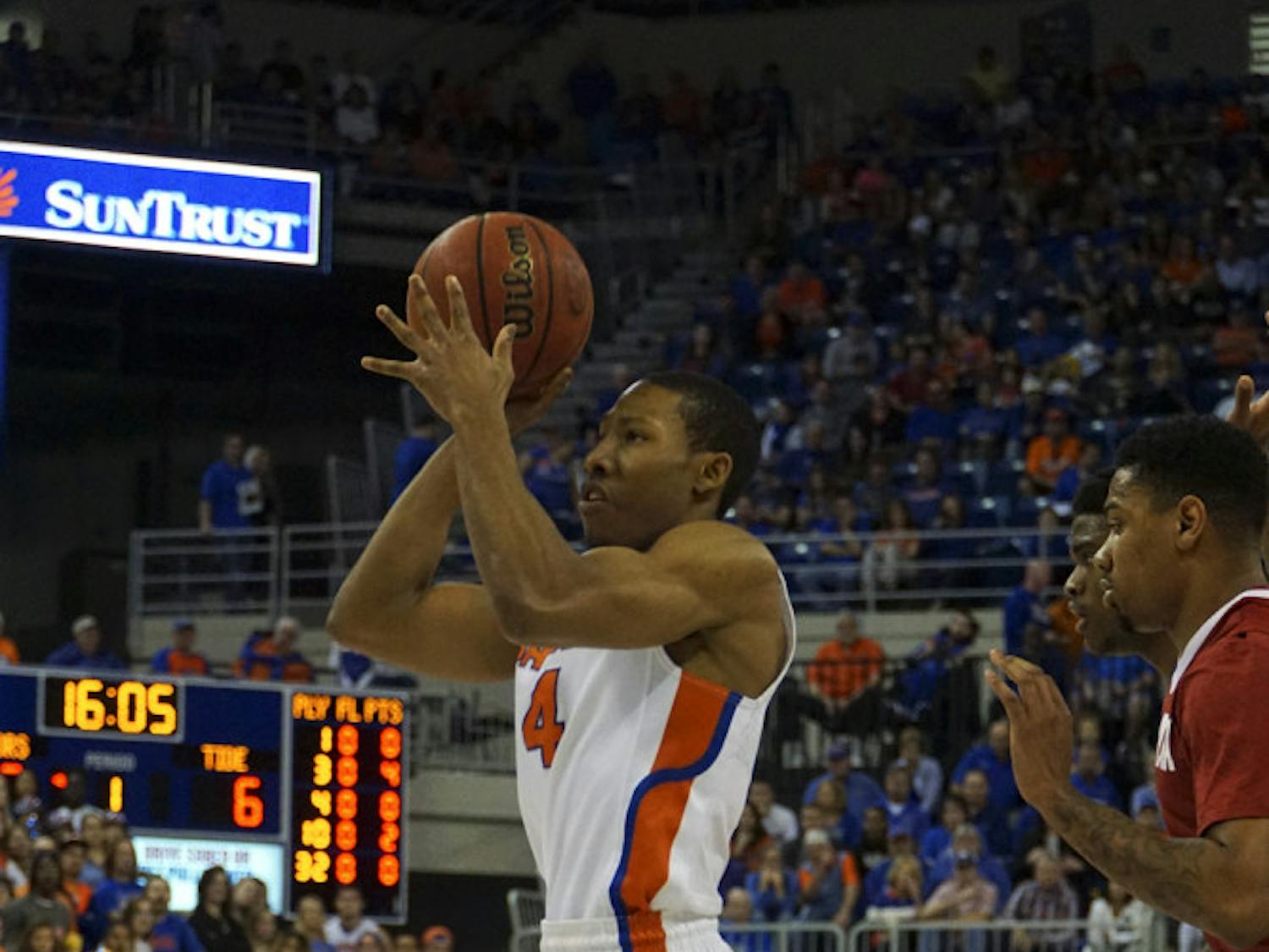 UF guard KeVaughn Allen takes a shot during Florida's 61-55 loss to Alabama on Feb. 13, 2016, in the O'Connell Center.