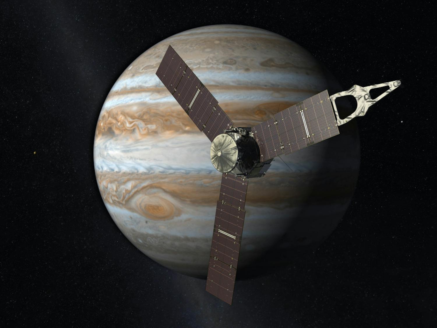 This artist's rendering provided by NASA and JPL-Caltech shows the Juno spacecraft above the planet Jupiter. Five years after its launch from Earth, Juno is scheduled to go into orbit around the gas giant on Monday, July 4, 2016. (NASA/JPL-Caltech via AP)