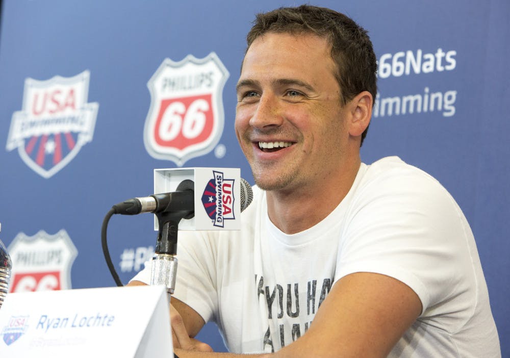 <p>Olympic gold medalist Ryan Lochte smiles as he takes questions from the media at the U.S. swimming nationals news conference in Irvine, Calif., on Tuesday.</p>