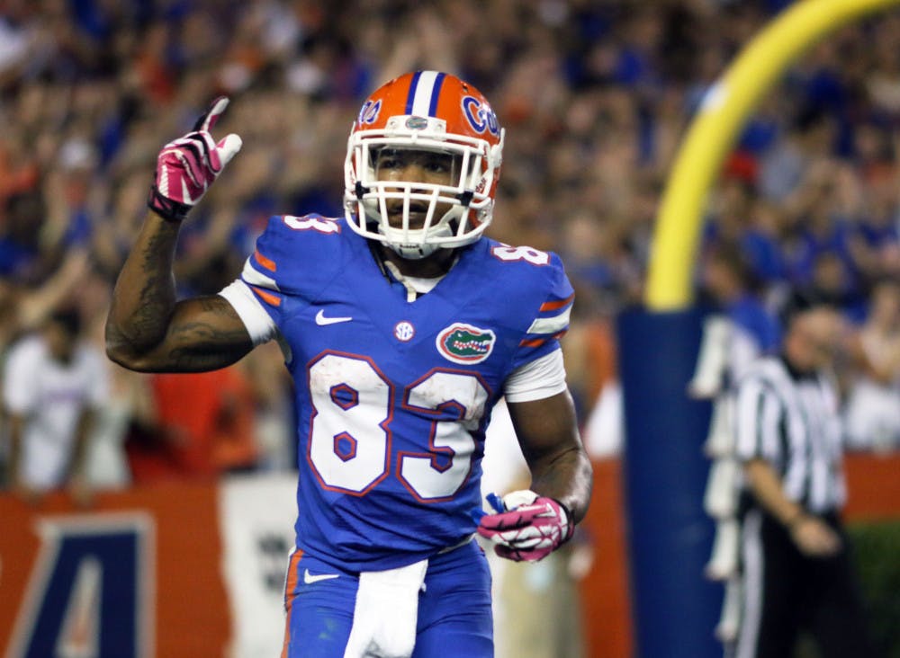 Florida wide receiver Solomon Patton celebrates after a touchdown during the Gators' 30-10 win against the Razorbacks on Saturday night in Ben Hill Griffin Stadium.