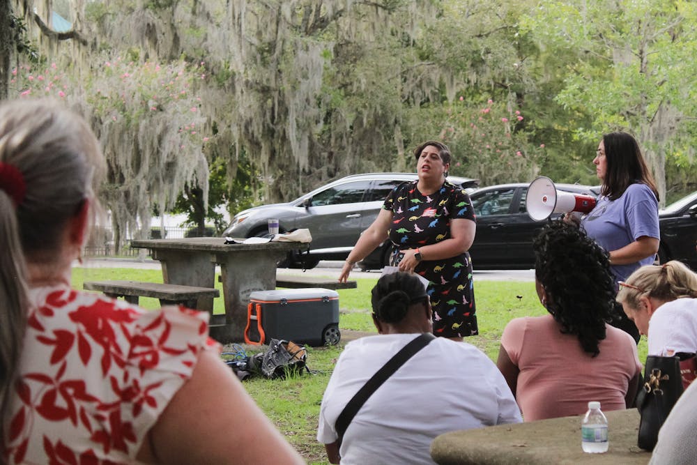 <p>Gina Rivera, fourth grade teacher at Talbot Elementary, expressed her concerns outside of an Alachua County School Board meeting Sep. 17.</p>