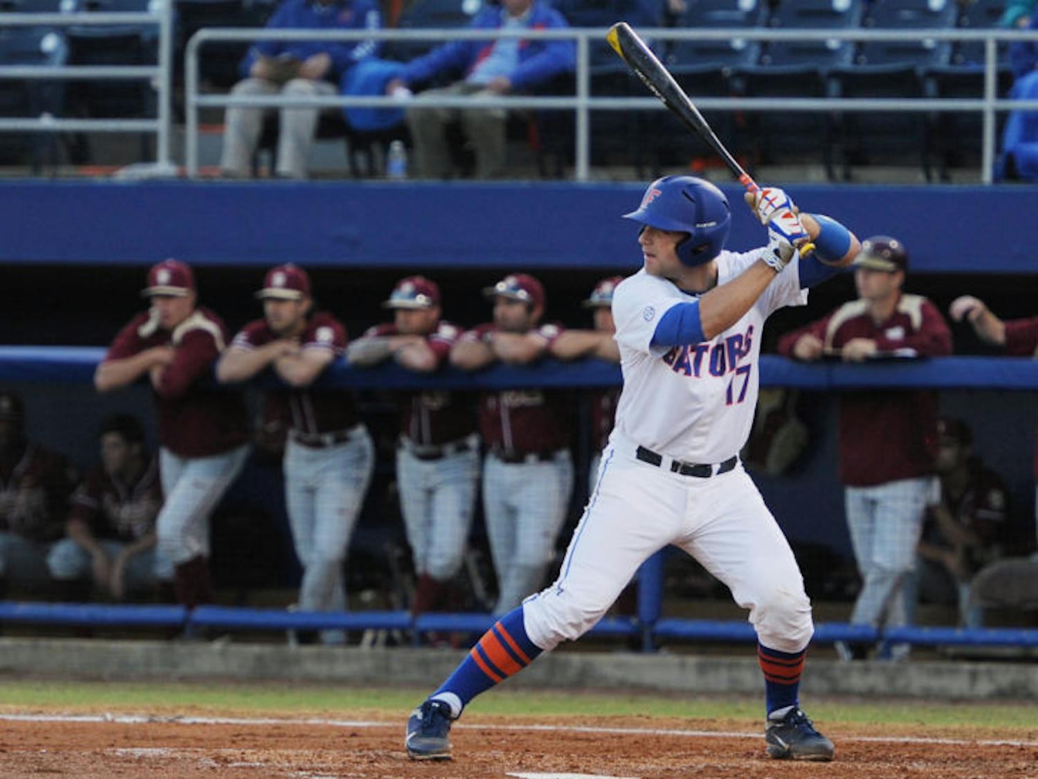 Taylor Gushue bats during Florida’s 3-1 win against FSU on March 18 at McKethan Stadium. Gushue was a second-team All-American in 2014 after batting a career-high .318