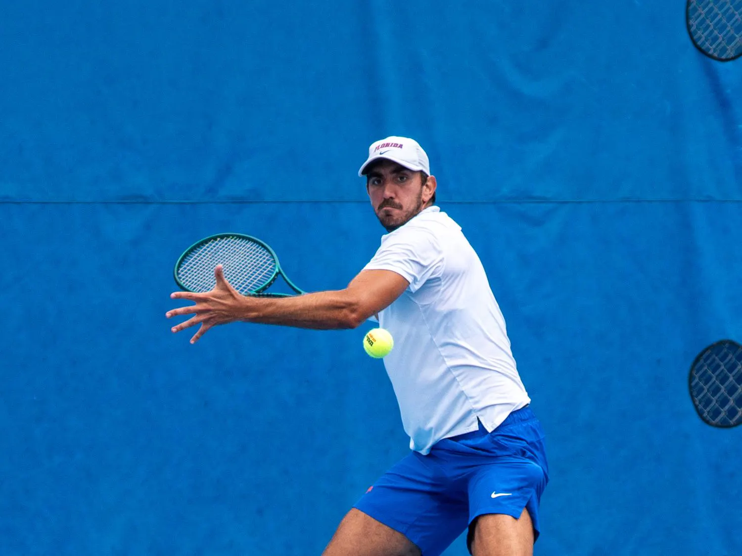 Florida’s Lorenzo Claverie returns the ball in a NCAA men's singles tennis match against Oklahoma, Sunday, March 29, 2026, in Gainesville, Fla.