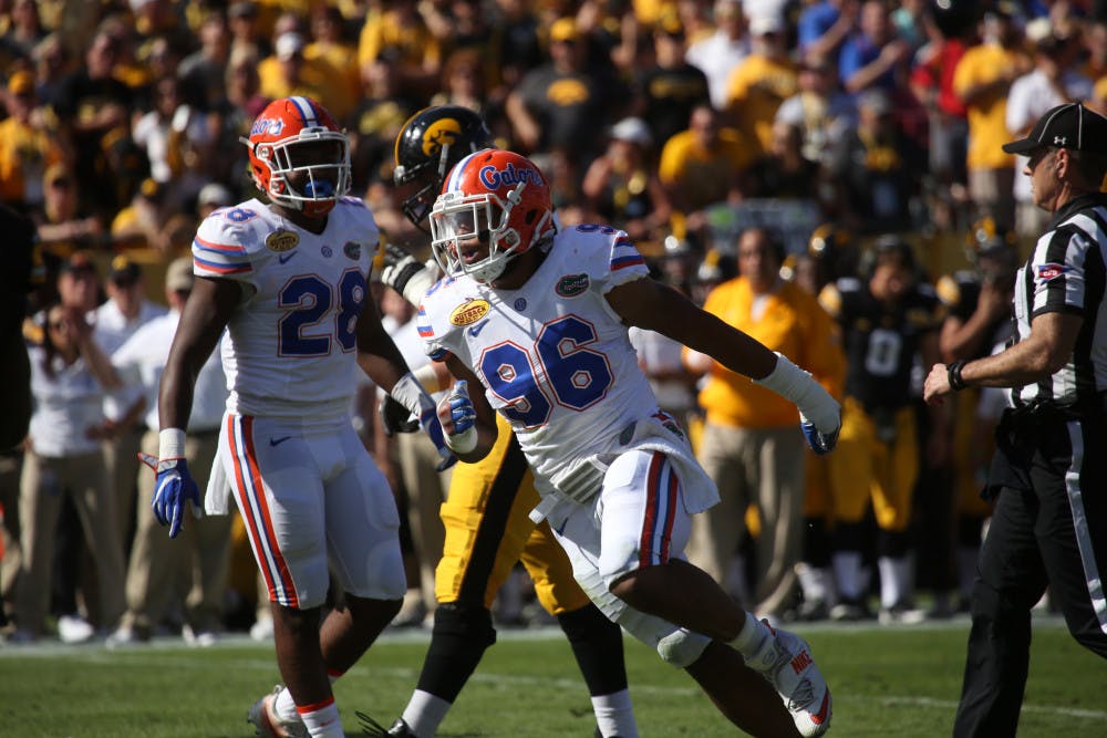 CeCe Jefferson celebrates a play during Florida's 30-3 win against Iowa at the Outback Bowl on Jan. 2, 2017, at Raymond James Stadium.