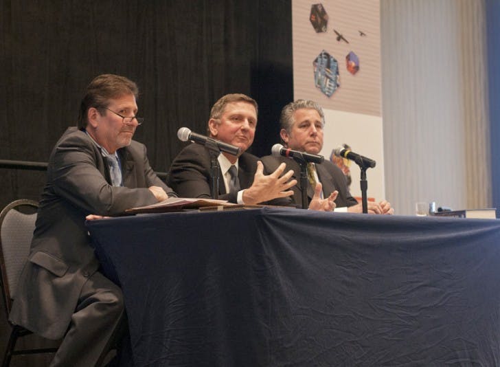 Paul Laikind, Max Wallace and Mitch Jacobson answer questions from the audience at the Celebration of Innovation Showcase at the UF Hilton on Tuesday.