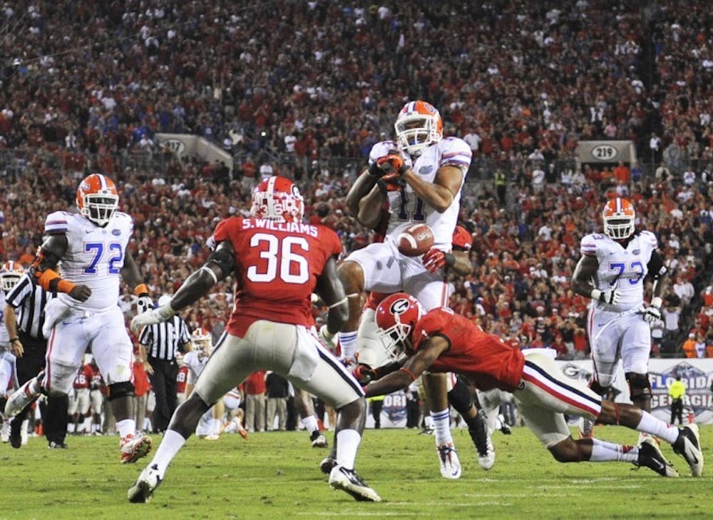 <p><span>Tight end Jordan Reed (11) fumbles on Georgia’s 5-yard line late in the fourth quarter during Florida’s 17-9 loss to UGA on Saturday at EverBank Field in Jacksonville. The Gators’ six turnovers proved costly in the defeat.</span></p>
<div><span><br /></span></div>