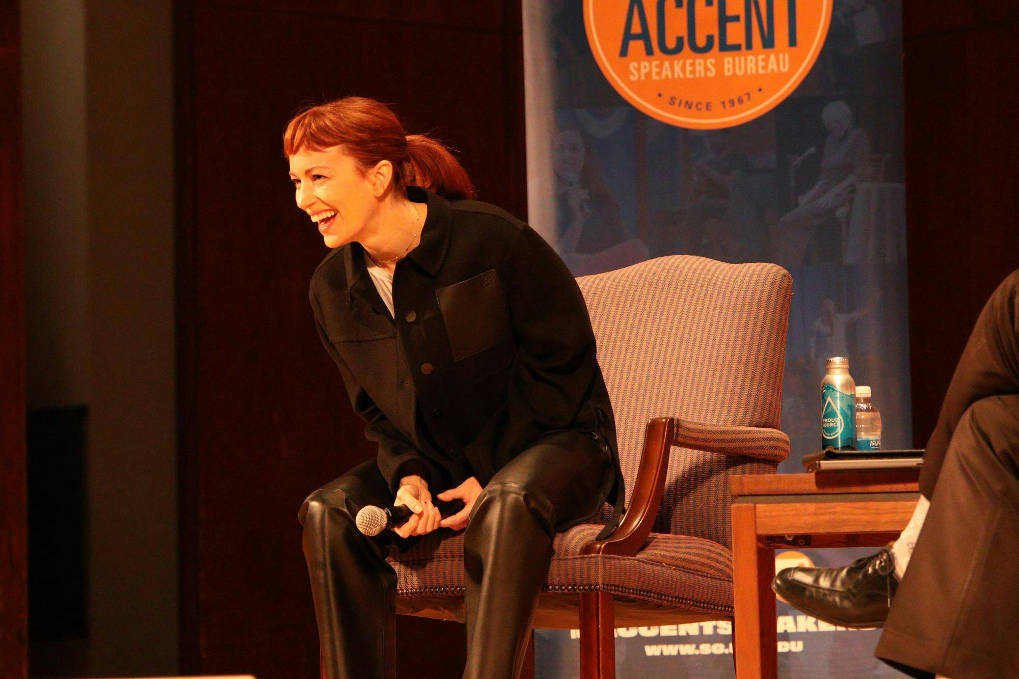 Britt Lower (from the Apple TV Show Severance) speaks at the University of Florida's auditorium.