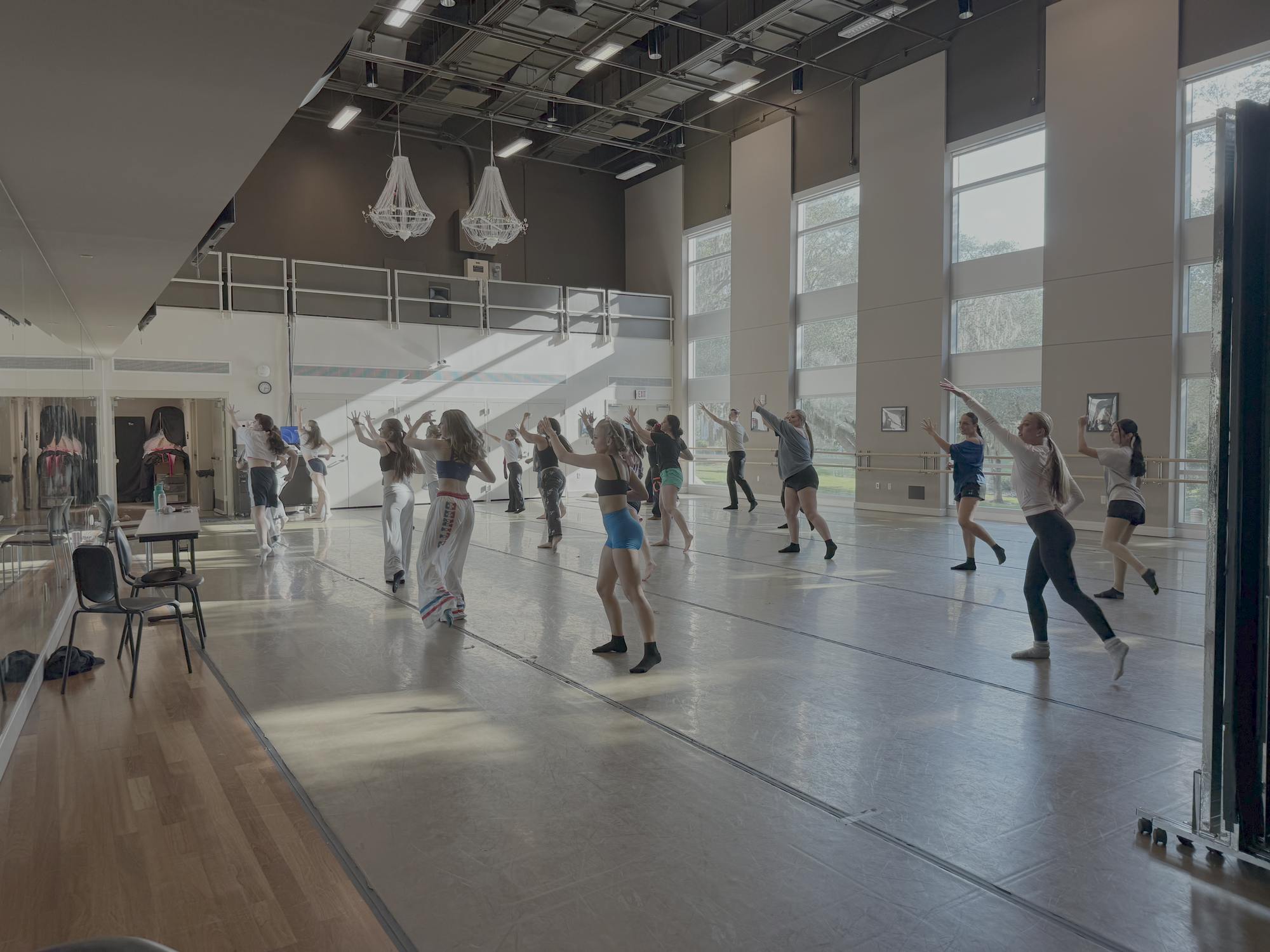Santa Fe College students prepare for the annual "Room to Dance" show in a practice studio at the Jackson N. Sasser Fine Arts Hall Friday, June 12, 2026 in Gainesville, Fla.