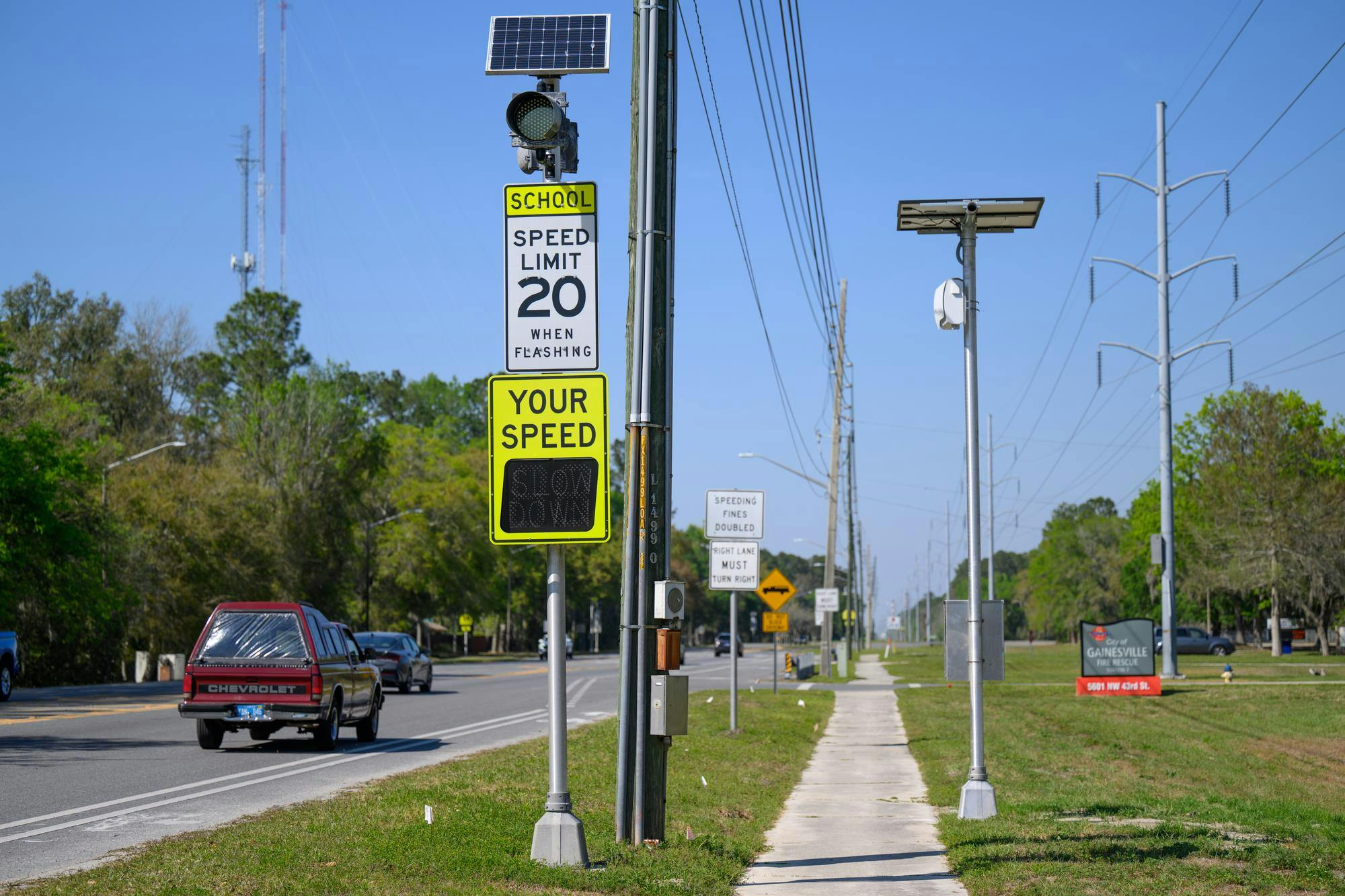 A speed camera on NW 43rd Street outside William S. Talbot Elementary School, Saturday, March 21, 2026, in Gainesville, Fla.