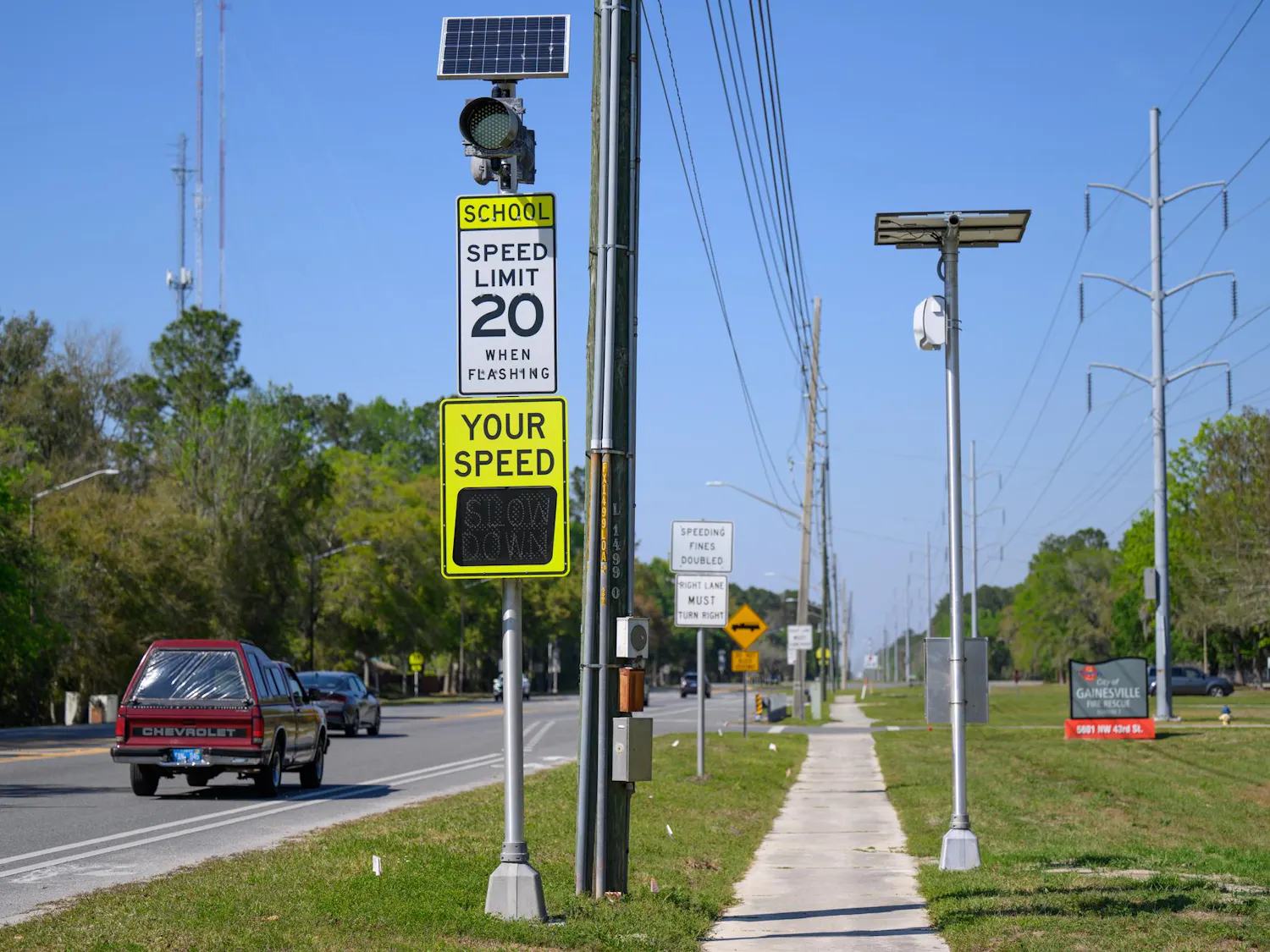A speed camera on NW 43rd Street outside William S. Talbot Elementary School, Saturday, March 21, 2026, in Gainesville, Fla.