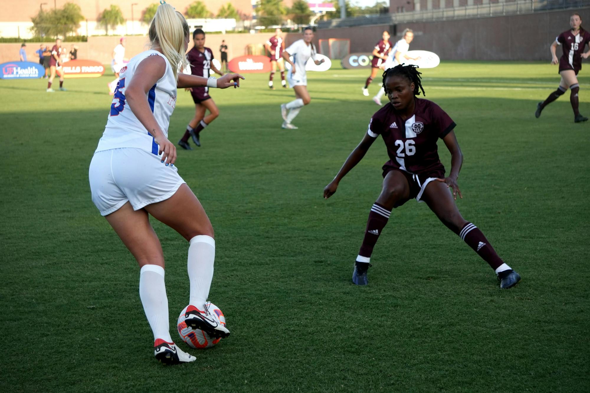Junior midfielder Lauren Donovan takes on a Mississippi State defender in the Gators&#x27; 1-0 loss to the Bulldogs on Thursday, Oct. 5, 2023.
