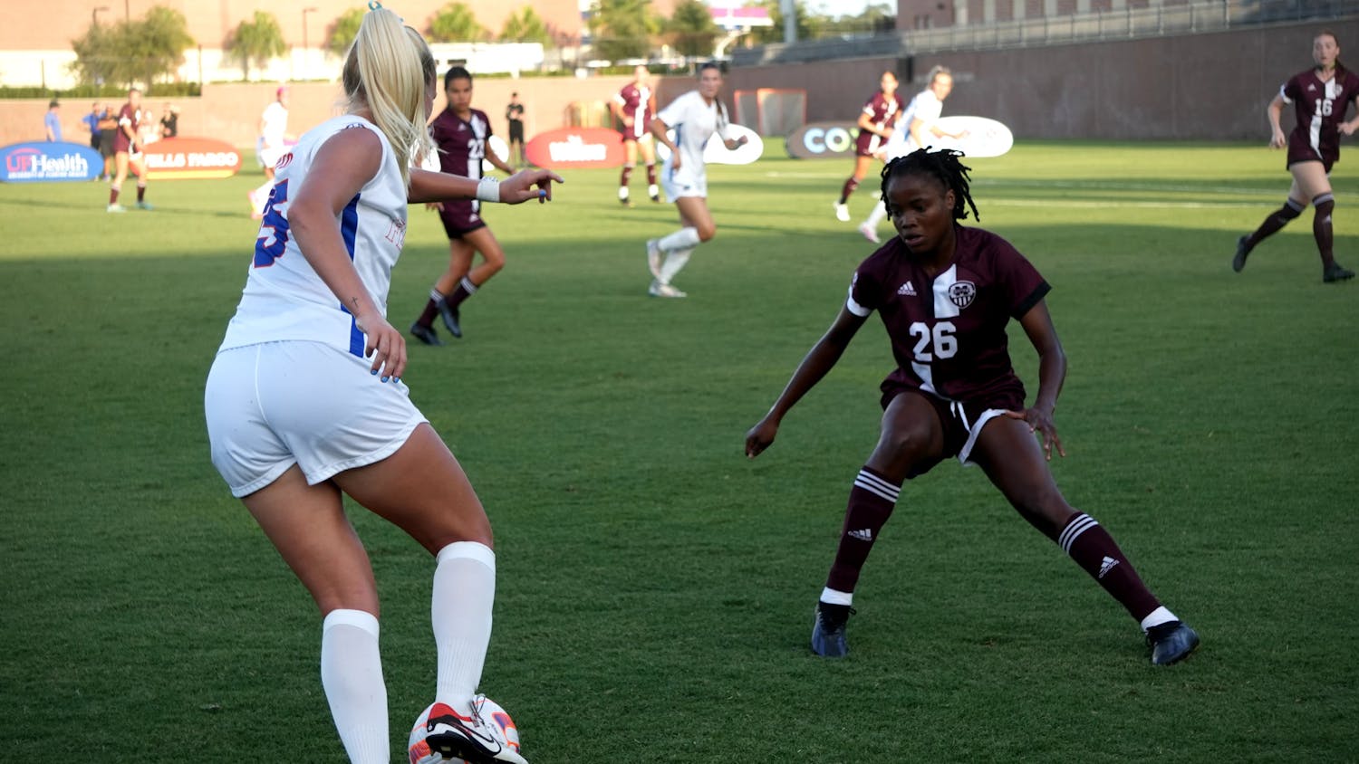 Junior midfielder Lauren Donovan takes on a Mississippi State defender in the Gators&#x27; 1-0 loss to the Bulldogs on Thursday, Oct. 5, 2023.