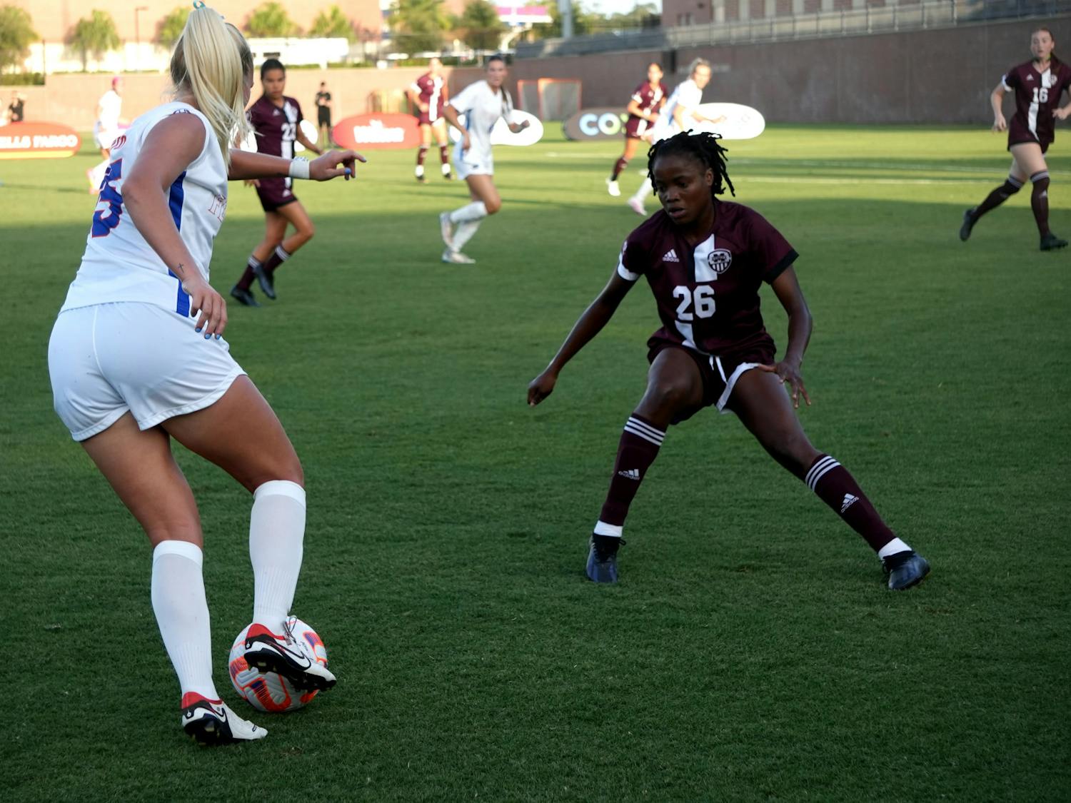 Junior midfielder Lauren Donovan takes on a Mississippi State defender in the Gators&#x27; 1-0 loss to the Bulldogs on Thursday, Oct. 5, 2023.