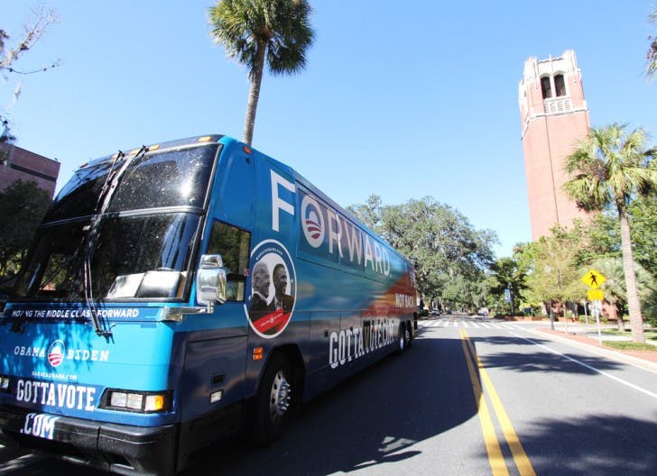The Democratic National Committee bus sits outside of Turlington Hall on Sunday. Special guests including former Michigan governor Jennifer Granholm and model Chanel Iman spoke to students about voting. “I’m here to urge Florida to vote,” Granholm said, “because the whole country is watching and everything you are doing is so significant to the rest of us.”