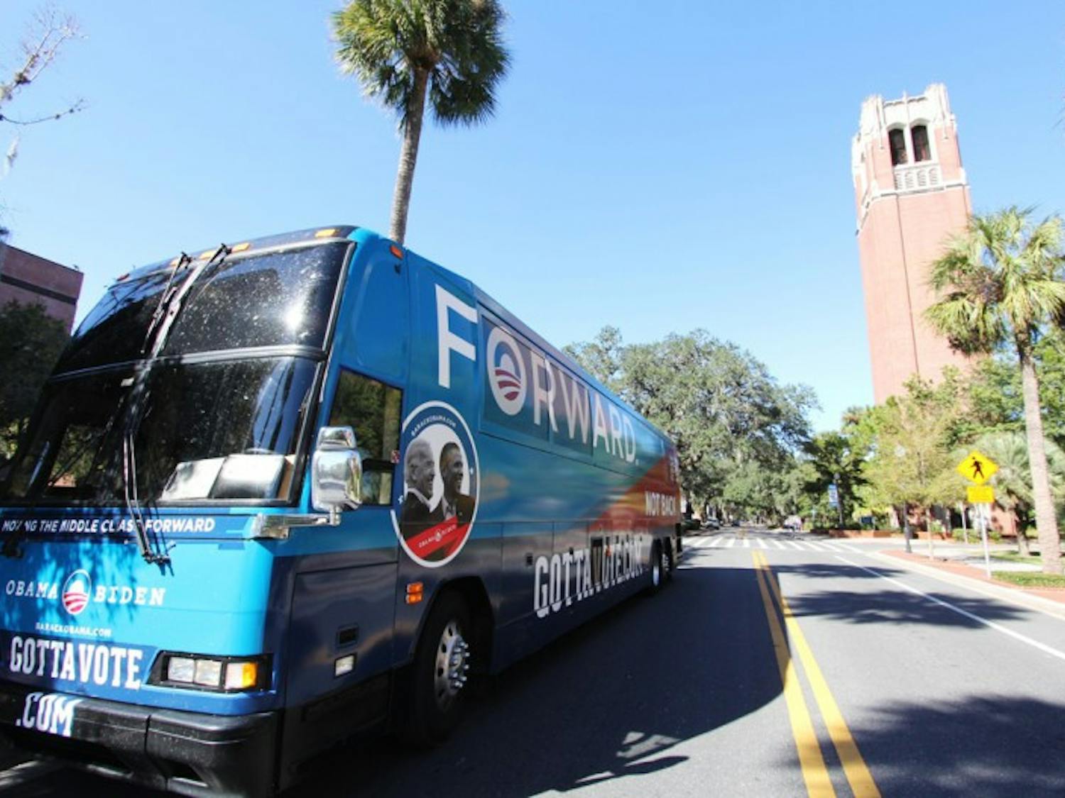 The Democratic National Committee bus sits outside of Turlington Hall on Sunday. Special guests including former Michigan governor Jennifer Granholm and model Chanel Iman spoke to students about voting. “I’m here to urge Florida to vote,” Granholm said, “because the whole country is watching and everything you are doing is so significant to the rest of us.”