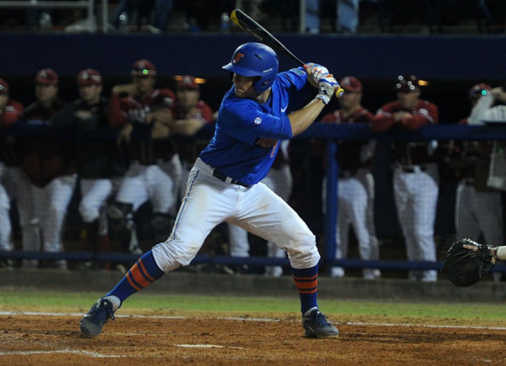 <p>Taylor Gushue bats during Florida’s 1-0 win against Arkansas on Saturday at McKethan Stadium. UF went 3 for 15 with runners on base in its 9-3 loss Sunday.</p>