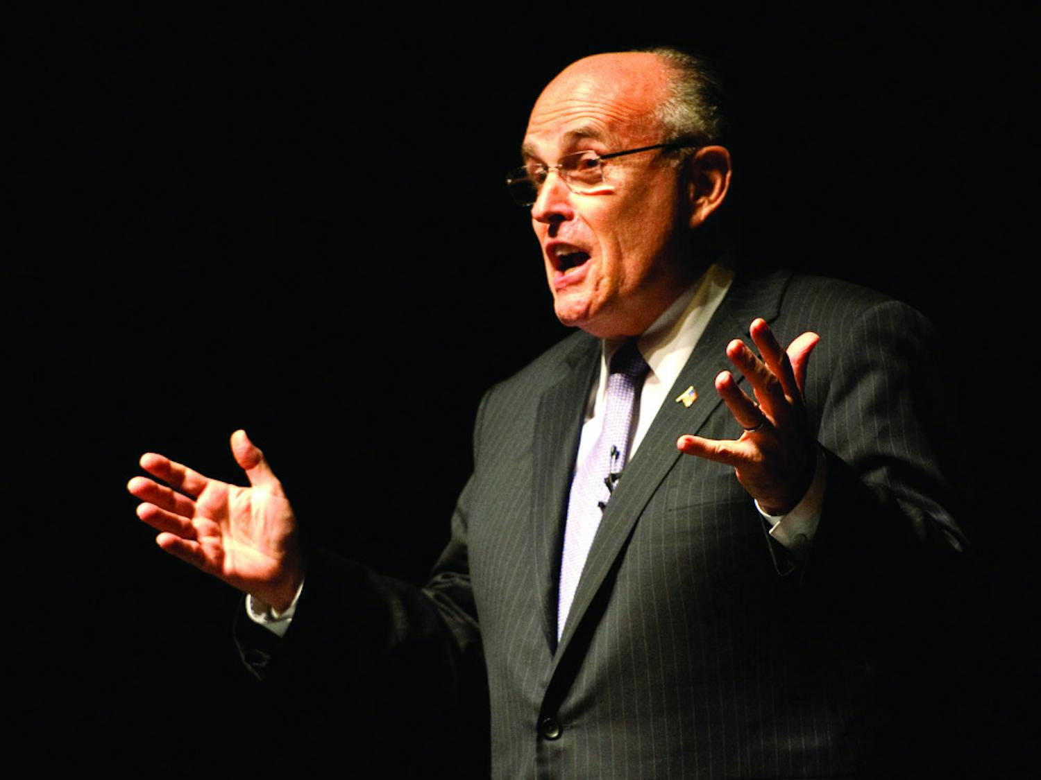 Rudy Giuliani speaks at the Phillips Center for the Performing
Arts on Thursday evening. The Accent Speakers' Bureau event was
free and open to the public.