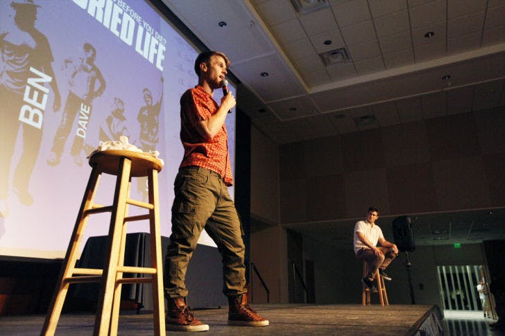 MTV’s “The Buried Life” stars Jonnie Penn and Dave Lingwood, presented by RUB Entertainment and Hello Perfect, speak to students at the Reitz Union Rion Ballroom on Wednesday night.