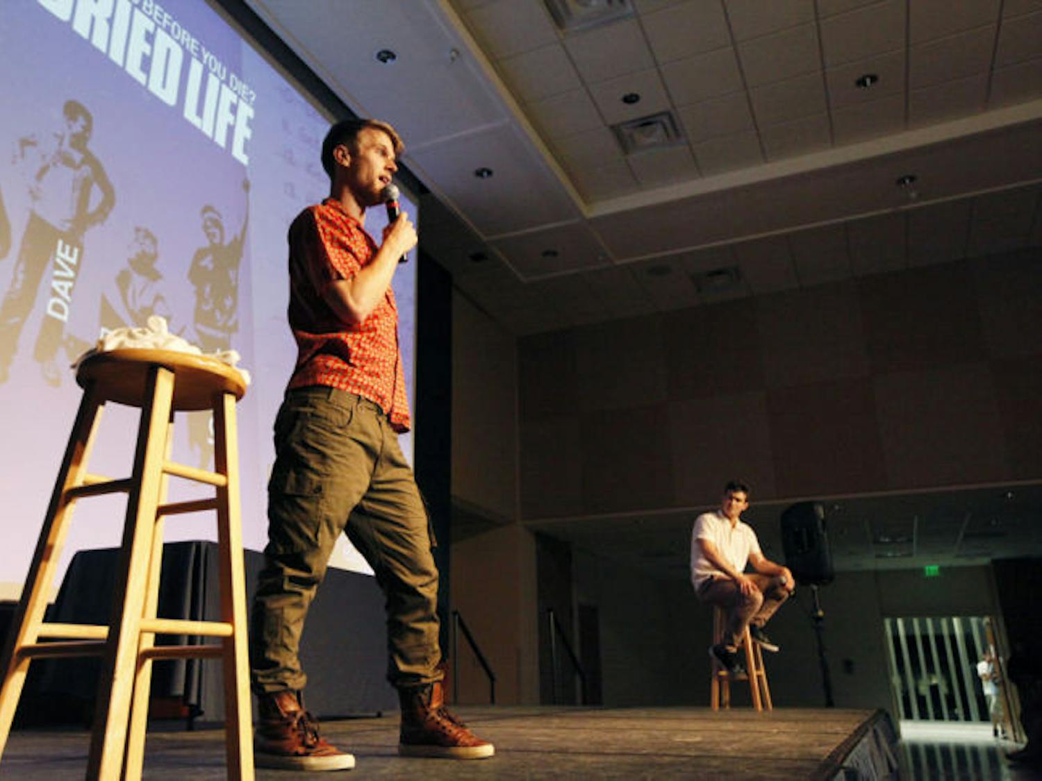 MTV’s “The Buried Life” stars Jonnie Penn and Dave Lingwood, presented by RUB Entertainment and Hello Perfect, speak to students at the Reitz Union Rion Ballroom on Wednesday night.