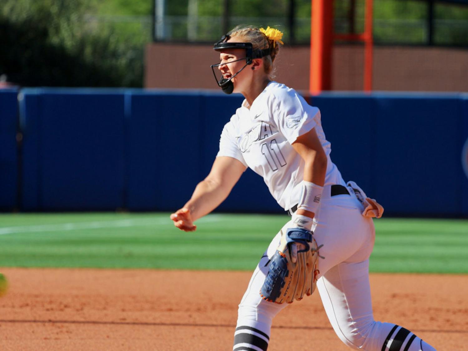 Kelly Barnhill tosses a pitch in the Gators' 5-0 win over the Georgia Bulldogs on Saturday.