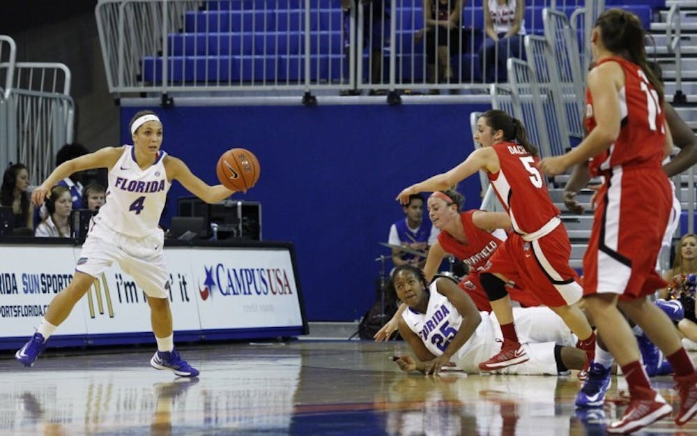 <p>Redshirt freshman guard Carlie Needles (4) dribbles during Florida’s 71-49 win against Fairfield on Nov. 9 in the O’Connell Center. Needles and the Gators have struggled to defend the three-point line.</p>