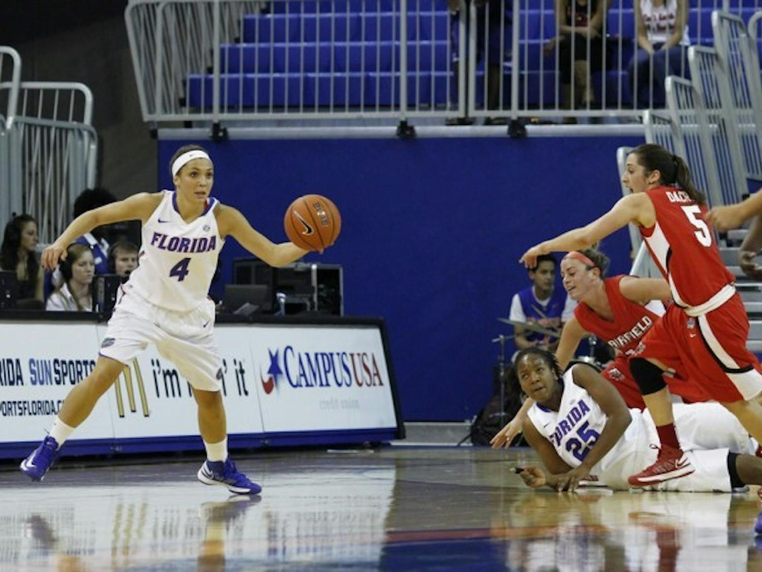 Redshirt freshman guard Carlie Needles (4) dribbles during Florida’s 71-49 win against Fairfield on Nov. 9 in the O’Connell Center. Needles and the Gators have struggled to defend the three-point line.