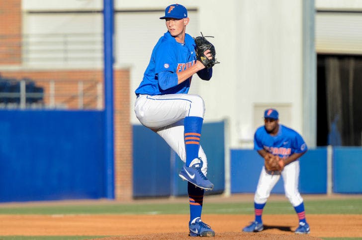 A.J. Puk pitches during Florida's 4-0 win against Maryland on Feb. 14 at McKethan Stadium. Puk surrendered four runs against Arkansas on Sunday.