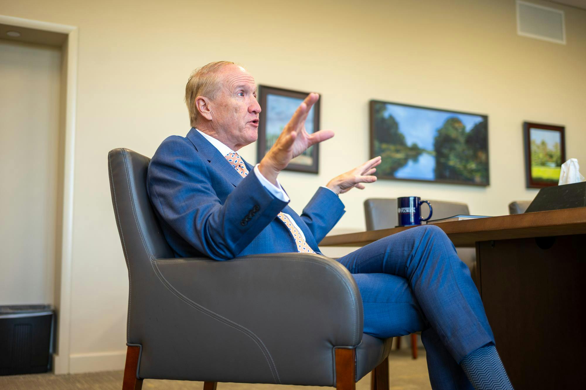 UF President Dr. Stuart Bell speaks during an interview in the Presidential Conference Room at Tigert Hall, Thursday, Aug. 14, 2026, in Gainesville, Fla.