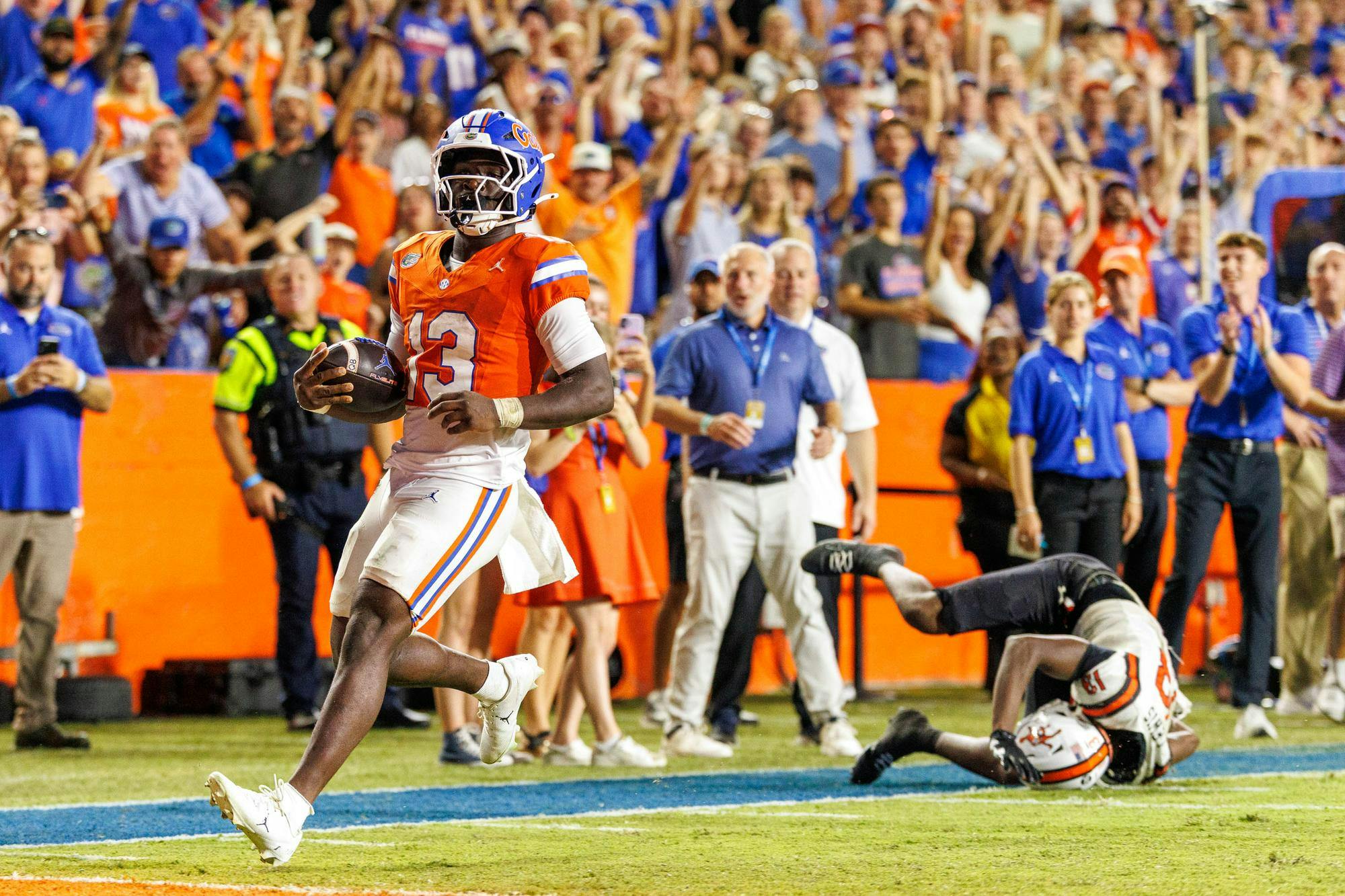 Florida running back Jadan Baugh (13) runs into the end zone during the second half of an NCAA college football game against Campbell, Saturday, Sept. 12, 2026, in Gainesville, Fla.