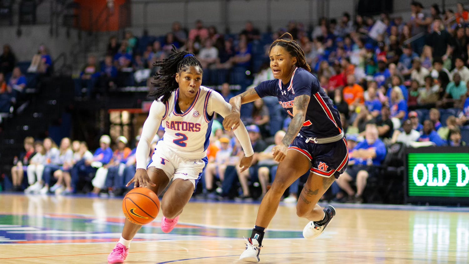 Gators women's basketball senior guard Aliyah Matharu drives to the hoop in the team's loss to Auburn on Sunday, March 3, 2024. 