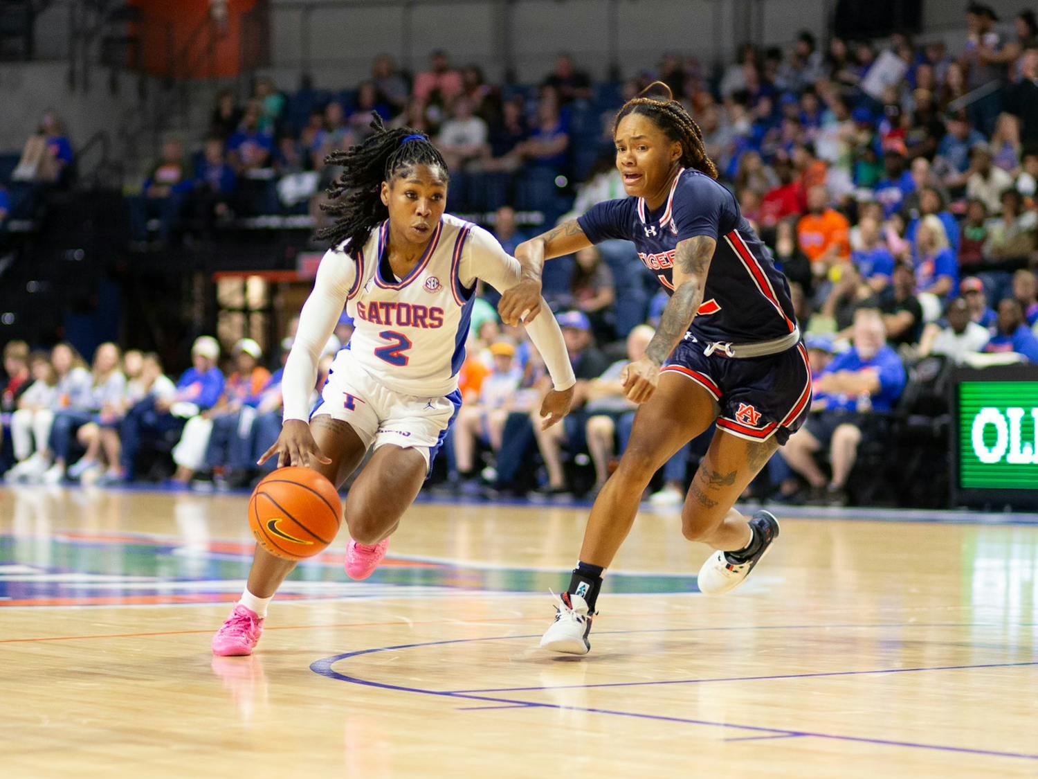 Gators women's basketball senior guard Aliyah Matharu drives to the hoop in the team's loss to Auburn on Sunday, March 3, 2024. 