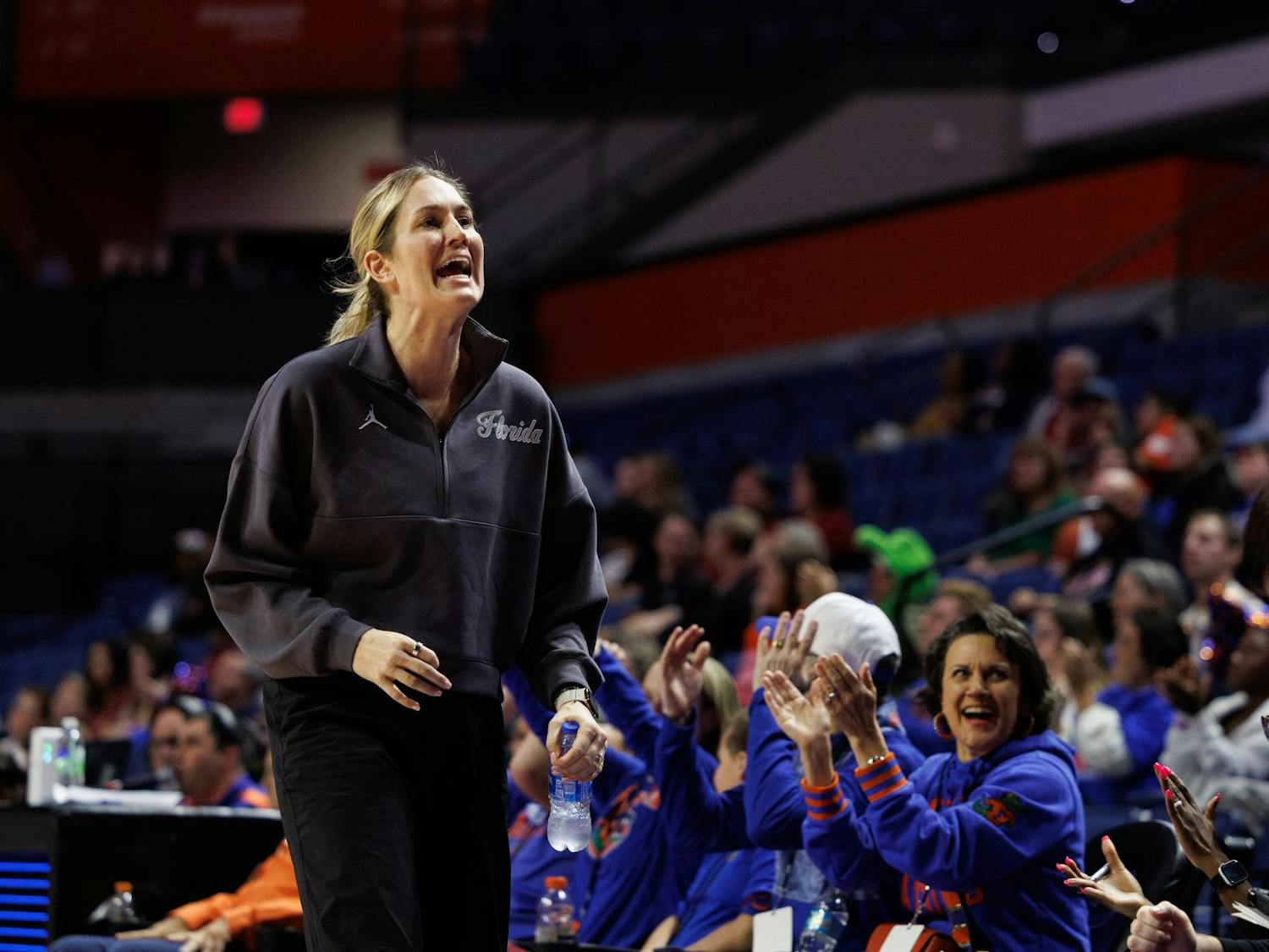 Florida head coach Kelly Rae Finley during the second half of an NCAA basketball game against Arkansas, Sunday, Feb. 8, 2026, in Gainesville, FL.