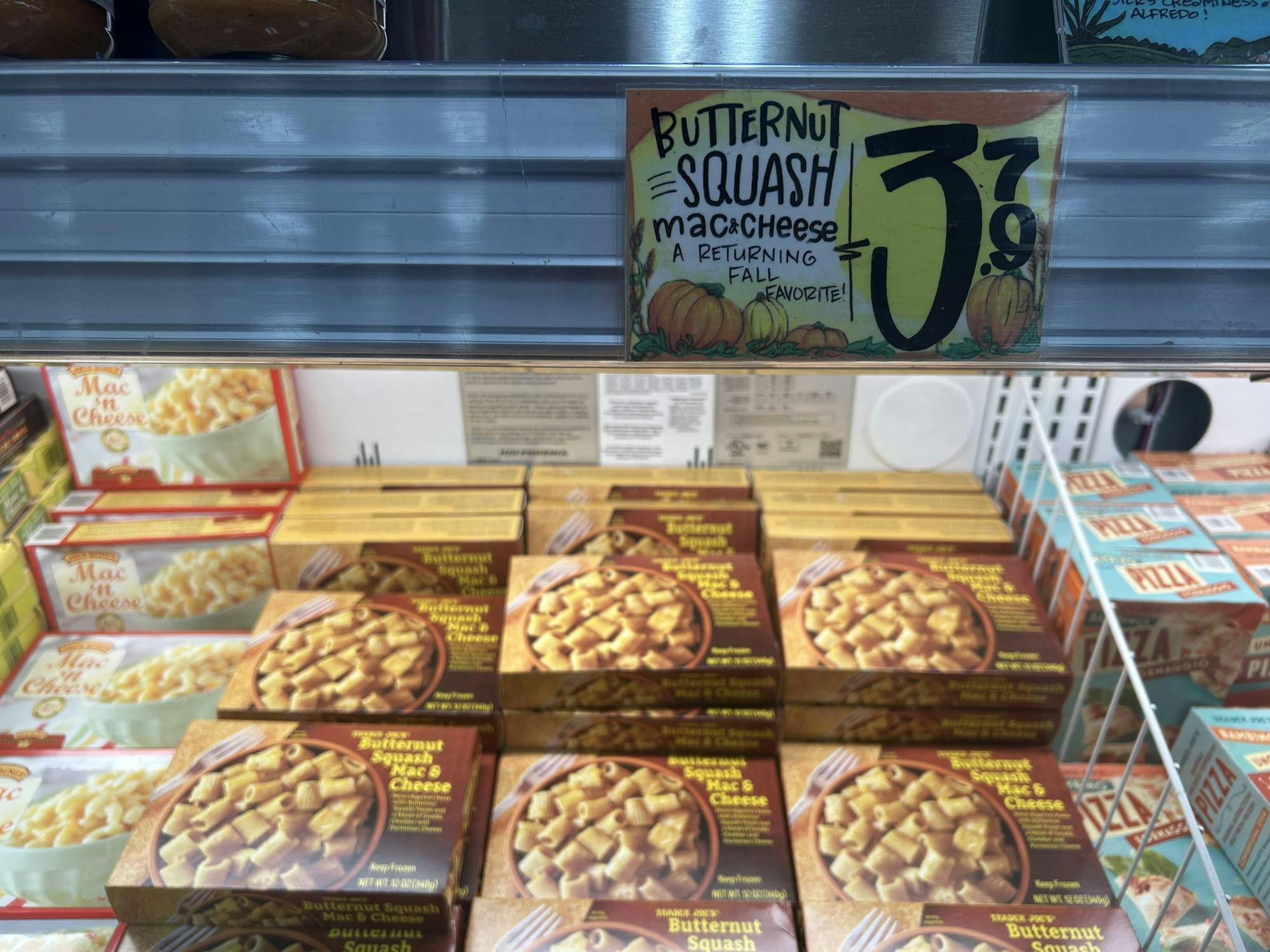 Butternut Squash Mac and Cheese is one of many fall favorites at Trader Joes. 