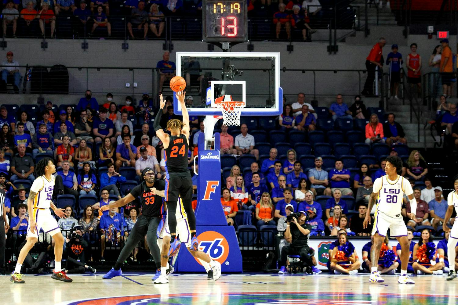 Florida guard Riley Kugel takes a jump shot in the Gators' 79-67 win against the Louisiana State Tigers Saturday, March 4, 2023. Kugel finished the game with a team-high 21 points.