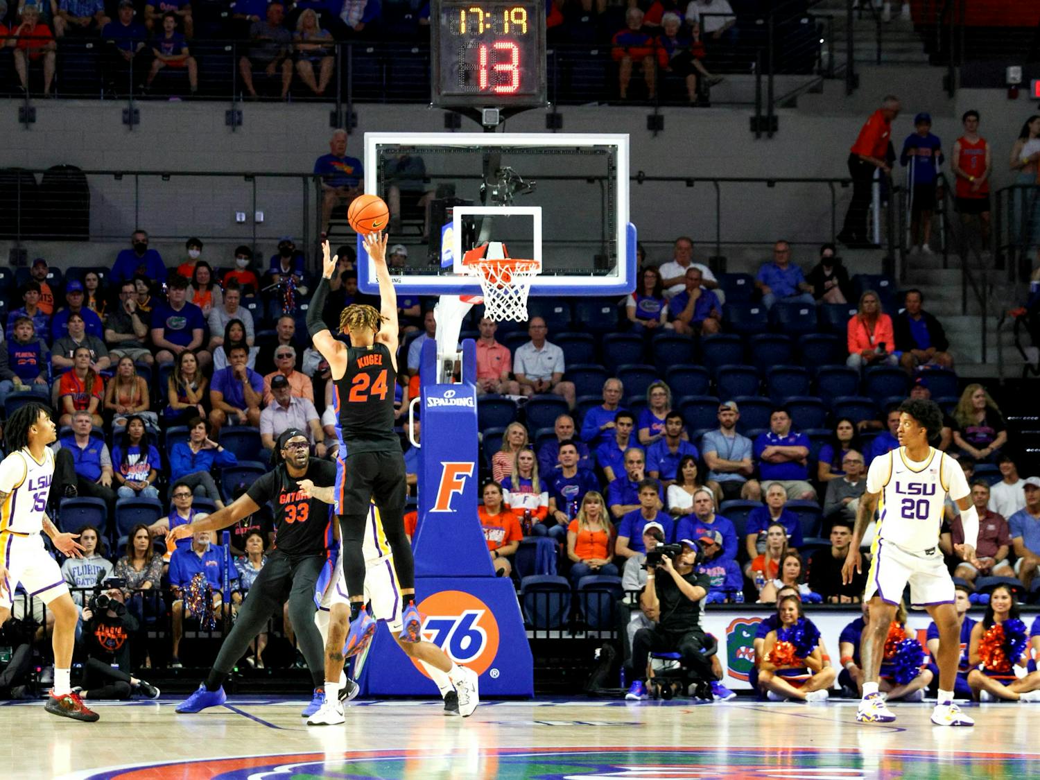 Florida guard Riley Kugel takes a jump shot in the Gators' 79-67 win against the Louisiana State Tigers Saturday, March 4, 2023. Kugel finished the game with a team-high 21 points.