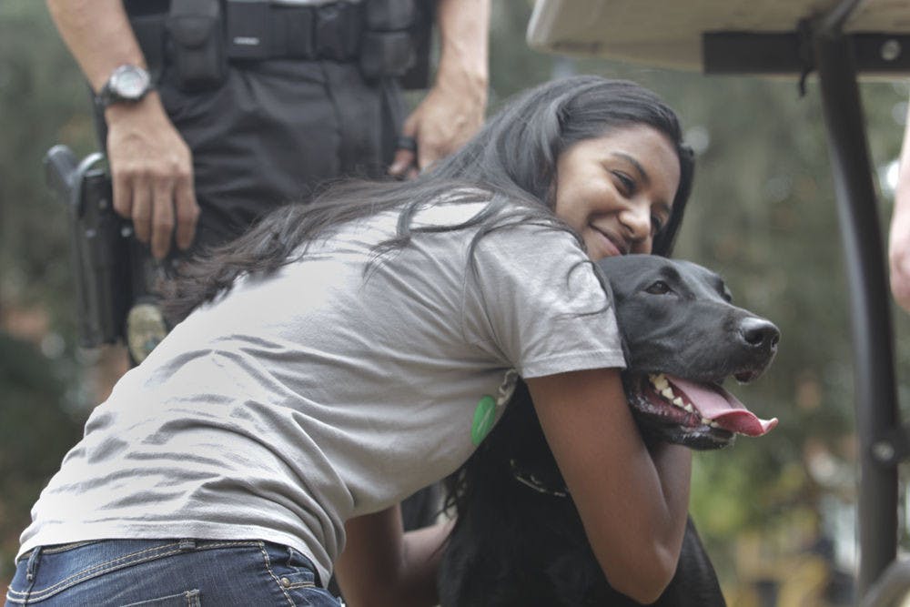 Leeashaa Ramoutar hugs Boomer, a 2 1/2-year-old black lab and UPD explosive detection K9 on Oct. 6, 2015. Officer Dale Holmes brought Boomer to Get FRUVED’s stress management event on the Plaza of the Americas.