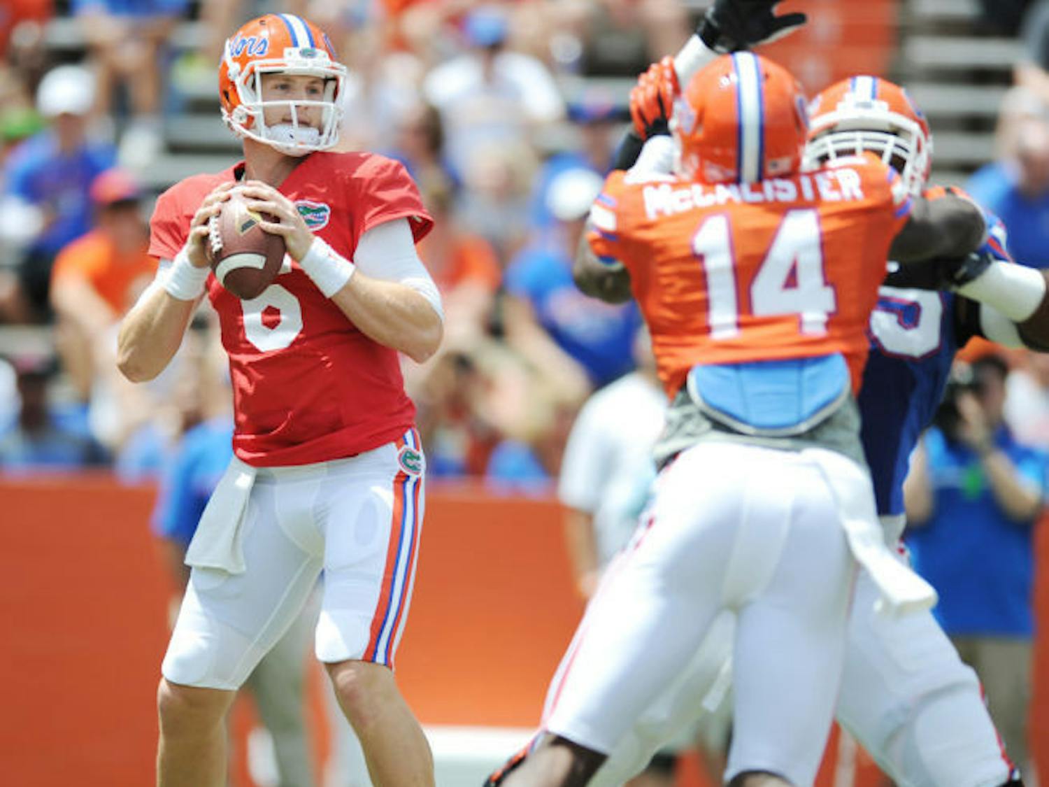 Jeff Driskel attempts a pass during the Orange &amp; Blue Debut on April 12 in Ben Hill Griffin Stadium.