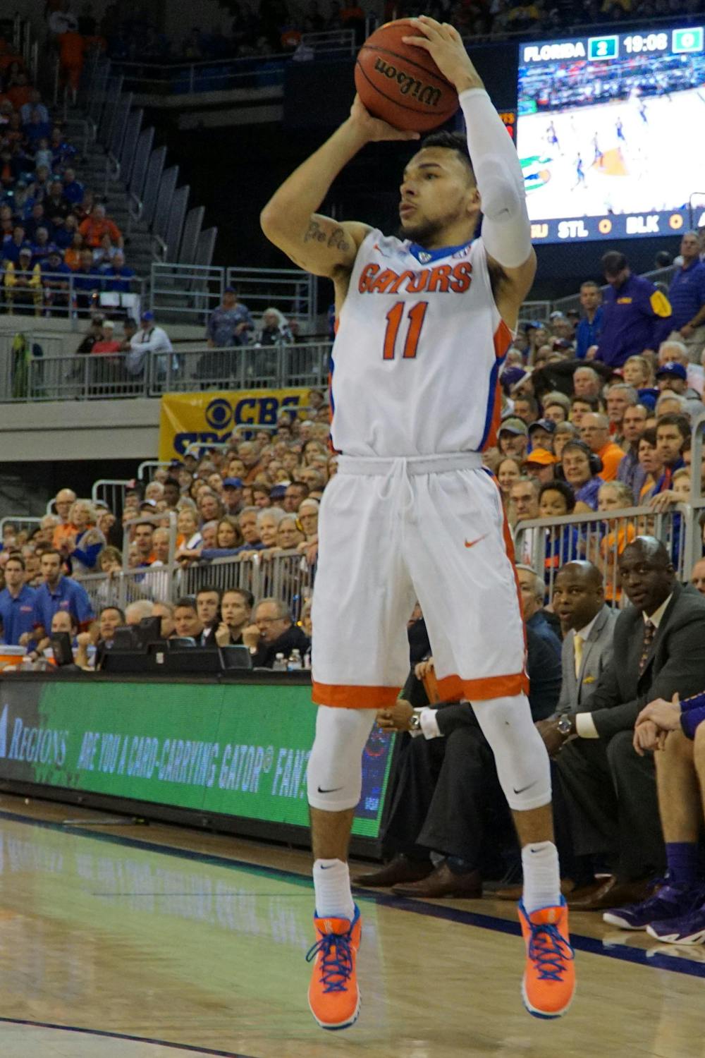 <p>UF guard Chris Chiozza shoots a three-pointer during Florida’s 68-62 win over LSU on Jan. 9, 2016, in the O’Connell Center.</p>