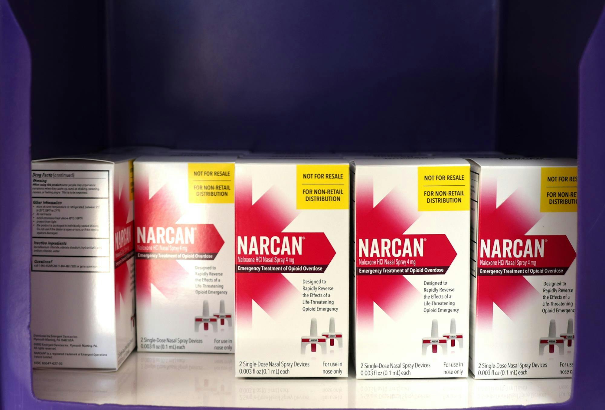 Boxes of narcan availbe at High Springs city hall located at 23718 W U.S. Hwy 27, in High Springs, Fla. on Tuesday, Feb. 8, 2026. 