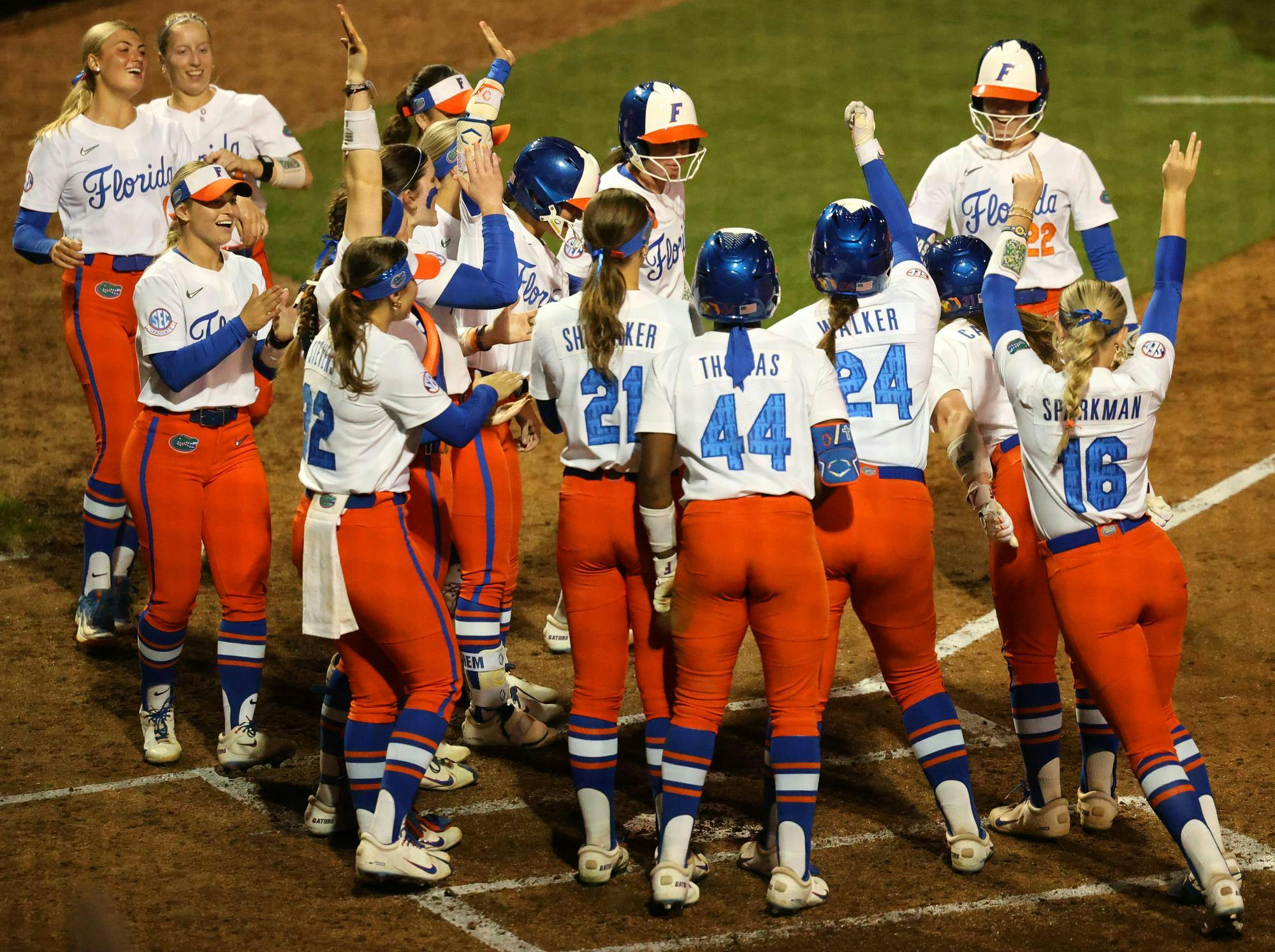 The Florida Gators softball team celebrates during an NCAA softball game against North Florida, Tuesday, Feb. 17, 2026, in Gainesville, Fla.