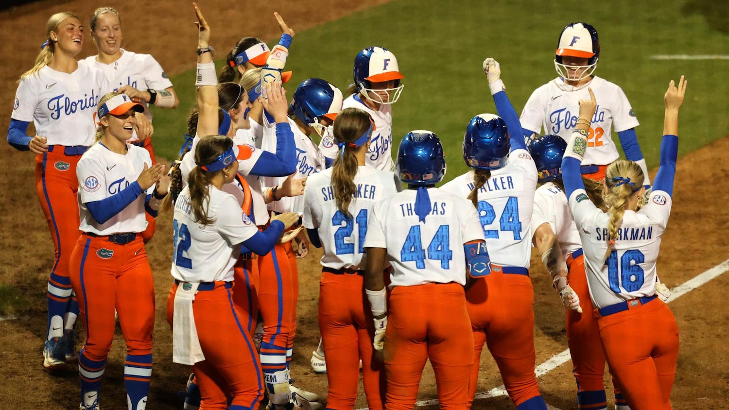 The Florida Gators softball team celebrates during an NCAA softball game against North Florida, Tuesday, Feb. 17, 2026, in Gainesville, Fla.