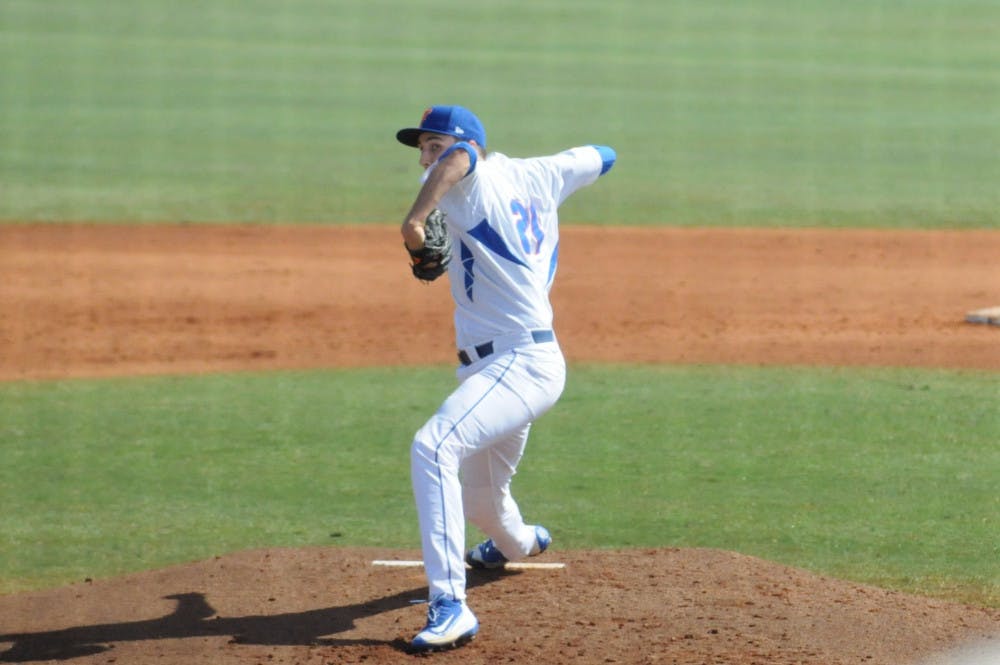 <p>Alex Faedo pitches during Florida's 12-3 win against Florida Gulf Coast on Feb. 21, 2016, at McKethan Stadium.</p>