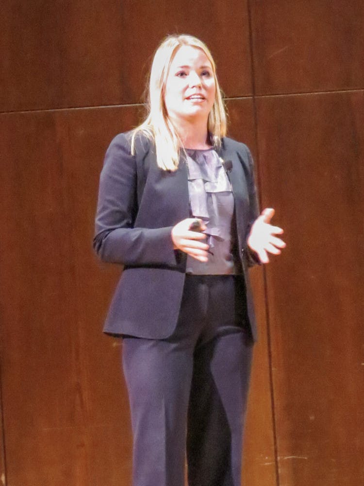 UF Student Body President Susan Webster speaks to students and faculty members in the University Auditorium during the State of the Campus Address on Tuesday night. Webster outlined Student Government’s recent accomplishments and goals.